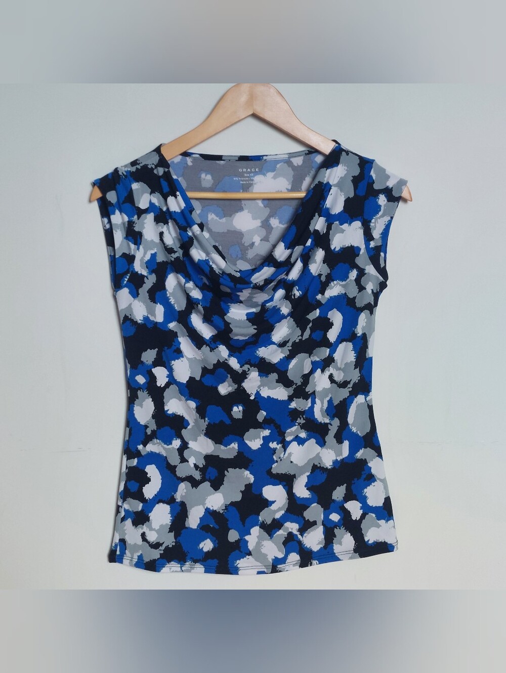 Grace Blue Black Abstract Print Cowl Neck Sleeveless Top XS